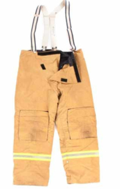 Brandweer jas en broek - US Style bruin met gele reflectoren en snelsluiting - Maat 1 = 158 tm. 176 lengte en 96 tm. 104 borst - origineel