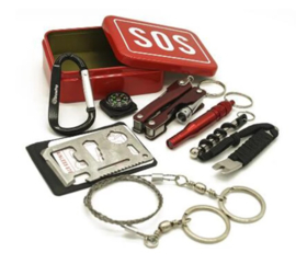 Compacte SOS Survival Emergency kit met inhoud - 9,5 x 6,5 x 3 cm.