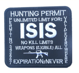 Embleem ISIS Hunting Permit - Zwart met witte letters - met klittenband - 9 x 7,5 cm.