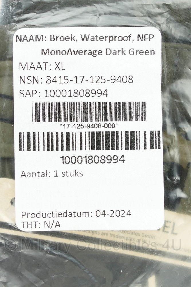 KL Gore-Tex Broek Waterproef NFP MonoAverage Dark Green model 2024 - maat XL - nieuw - origineel