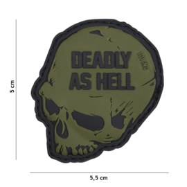 Embleem PVC 3D PVC  met klittenband - Skull met tekst "Deadly as hell" Zwart / groen - 5 x 5,5 cm.