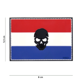 Embleem PVC 3D PVC  met klittenband - Vlag Nederland met zwarte skull er in - 8 x 5,5 cm.