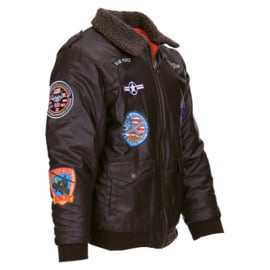 KINDER Flight Jacket met emblemen - bruin PU leer - maat XS t/m XL - nieuw gemaakt