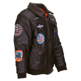 KINDER Flight Jacket met emblemen - bruin PU leer - maat XS t/m XL - nieuw gemaakt