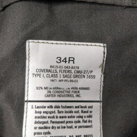 USAF en Klu Coveralls Flyers CWU-27/p - NIEUW  -  maat US 34 Regular  = NL maat 44 - origineel