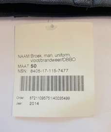 Broek Man Uniform Vloot/ Brandweer / DBBO Defensie Bewakings- en BeveiligingsOrganisatie uniform broek 2014 - donkerblauw - maat 50 - NIEUW met aangehecht kaartje - origineel