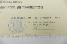 WO2 Duitse oorkonde Polizei Hauptwachtmeister Ehrenkreuz fur Frontkampfer 1914 - 1918 van 1934 - 21 x 15 cm - origineel