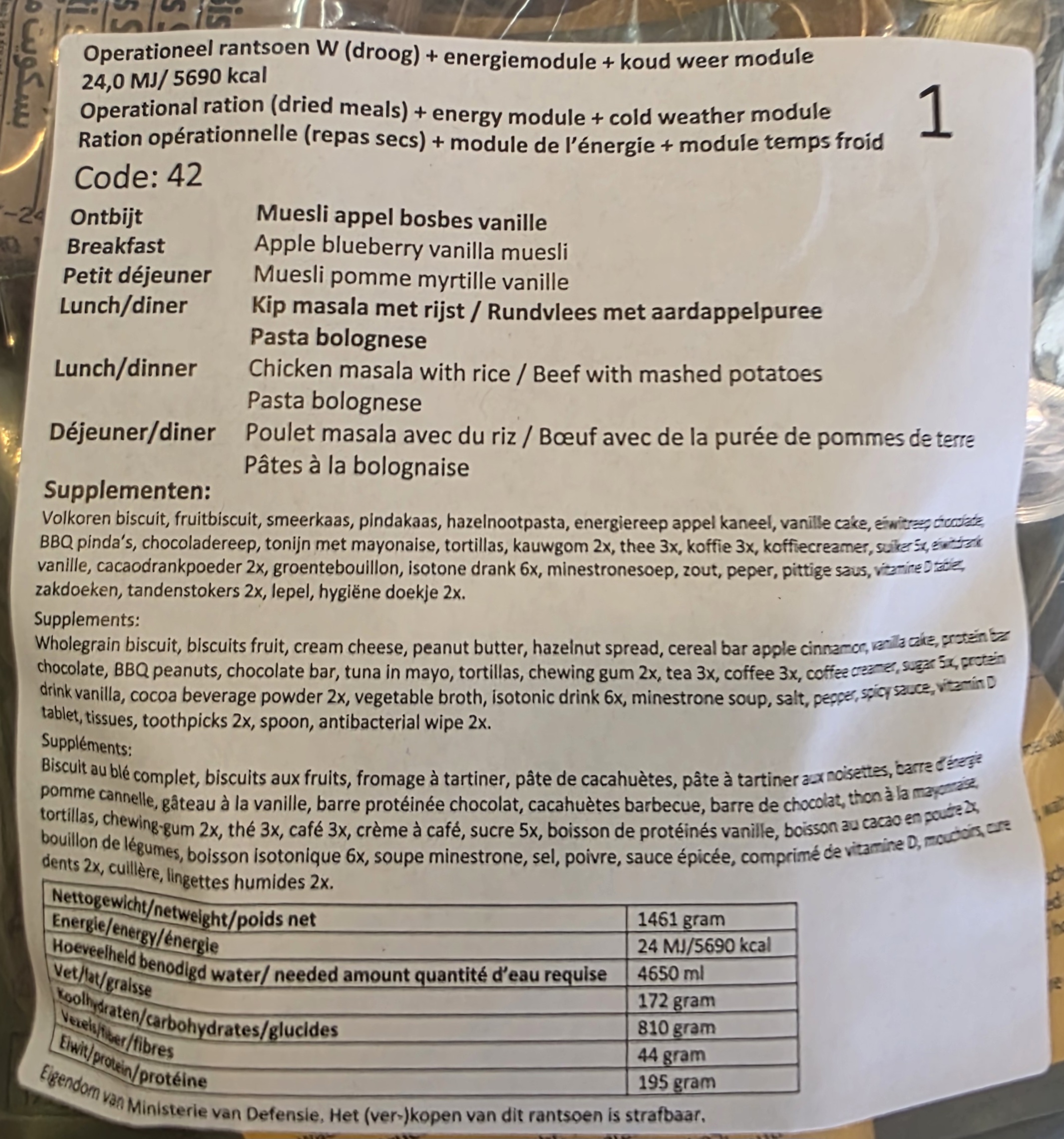 1 doos met 8 zakken Nederlandse leger 24uurs rantsoenen Maaltijd zak 24 Hour Operationeel Rantsoen Droog + OL + Energie module + Koudweer Module - 8 verschillende menu's! - met 3 maaltijden - +/- 5700 kcal  - Best Before December 2026
