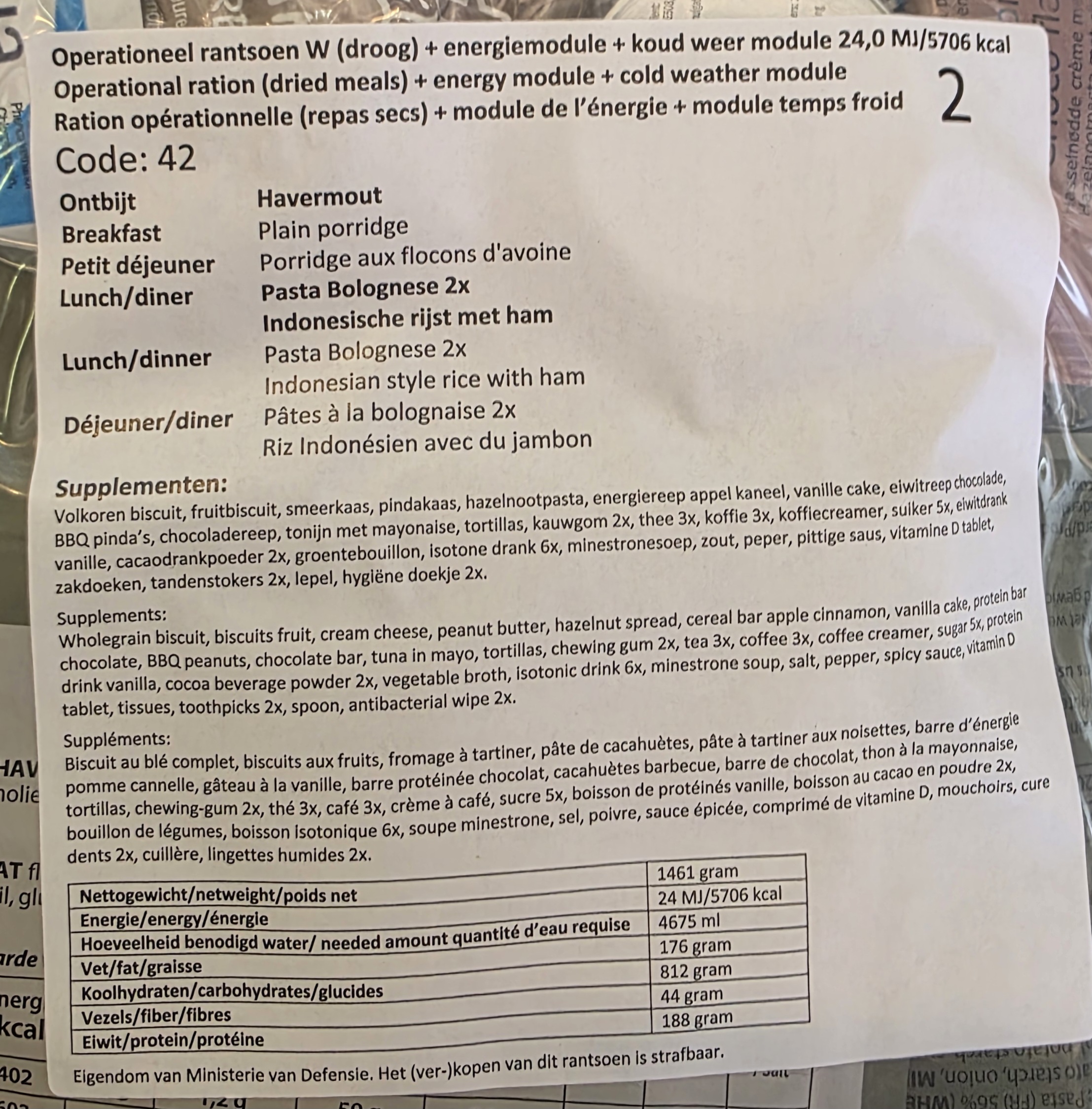 1 doos met 8 zakken Nederlandse leger 24uurs rantsoenen Maaltijd zak 24 Hour Operationeel Rantsoen Droog + OL + Energie module + Koudweer Module - 8 verschillende menu's! - met 3 maaltijden - +/- 5700 kcal  - Best Before December 2026