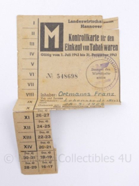 WO2 Duitse kontrollkarte fur den Rinkauf von Tabakswaren - 15 x 9  cm - origineel