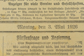 Duitse krant Rehauer Tagblatt Oberfrankischer Bote 43 jahrgang nr. 102 3 mei 1926 - 47 x 32 cm - origineel