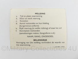 KL Nederlandse leger instructiekaart herkenning SOXMIS voertuigen Soviet Military Mission BAOR SOXMIS Melding formulier - origineel