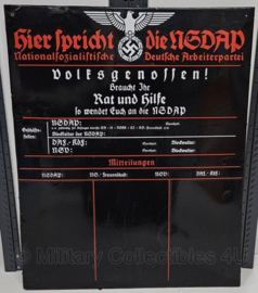 WO2 Duitse Hier Spricht der NSDAP Volksgenossen Mededelingen bord emaille op houten plaat - 64 x 77 x 2 cm - origineel