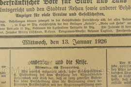 Duitse krant Rehauer Tagblatt Oberfrankischer Bote 43 jahrgang nr. 10 14 januari 1926 - 47 x 32 cm - origineel