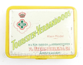 Vintage blik Touristen-Verbanddoos Klein model - NV Kon. Fabriek van Verbandstoffen v/h Utermohlen & co - 9 x 12 x 2,5 cm - gebruikt - origineel