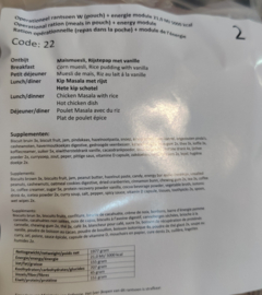 1 doos met 8 zakken Nederlandse leger 24uurs rantsoenen Maaltijd zak 24 Hour Operationeel Rantsoen W + OL + energie module - 8 verschillende menu's! - +/- 5200 kcal - Best Before februari 2025