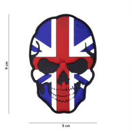 Embleem PVC 3D PVC  met klittenband - Skull met Britse vlag  - 9 x 5 cm.
