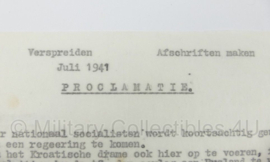 WO2 verzetsdocument van Het Comite van verzet juli 1941 Proclamatie - 28 x 21 cm - origineel