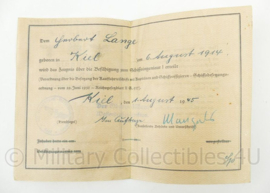 WO2 Duits bekwaamheidscertificaat scheepsingenieur 1945 Zeugnis Schiffsingenieur I  - 15 x 10½ cm - origineel