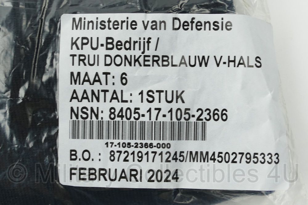 KLU Luchtmacht Trui donkerblauw V-hals model feb 2024 - maat 6 - nieuw in verpakking - - origineel