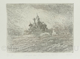 KM Koninklijke Marine Fregat schilderij in lijst - genummerde en gelimiteerde uitgave 1990 - 21,5 x 17,5 cm - origineel