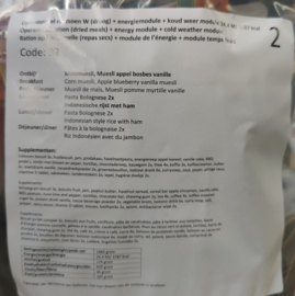 1 doos met 8 zakken Nederlandse leger 24uurs rantsoenen Maaltijd zak 24 Hour Operationeel Rantsoen Droog + OL + Energie module + Koudweer Module - 8 verschillende menu's! - +/- 5900 kcal - met 3 diner maaltijden! - Best Before November 2025