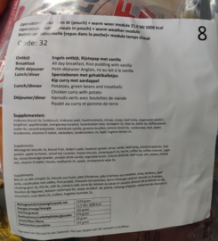 1 doos met 8 zakken Nederlandse leger 24uurs rantsoenen Maaltijd zak 24 Hour Operationeel Rantsoen W(Pouch) + Warm Weer module - 8 verschillende menu's! - +/- 4900 kcal - Best Before November 2025