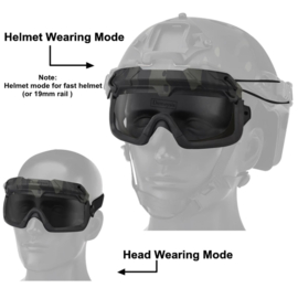 Tactical Airsoft Smoke Goggles voor MICH FAST helm en ook los te dragen - ZWART frame met smoke glas (zonder helm)