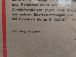 Bekendmaking verbod op stroomverbruik gedateerd 13 december 1944 Provincie Zuid Holland - 81 x 61 x 2 cm - origineel