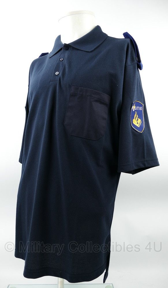 Nederlandse Politie polo donkerblauw - maat Large - met emblemen en epauletten hoofdagent - origineel