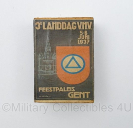 WO2 Duits luciferdoosje van echt hout - Zwarte Brigade 3e Landdag VNV 1937 Gent - 6 x 4 cm