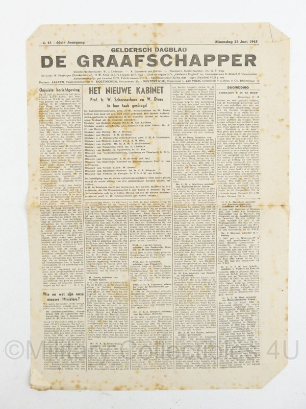 krant Geldersch dagblad De Graafschapper van 25 juni 1945 - origineel