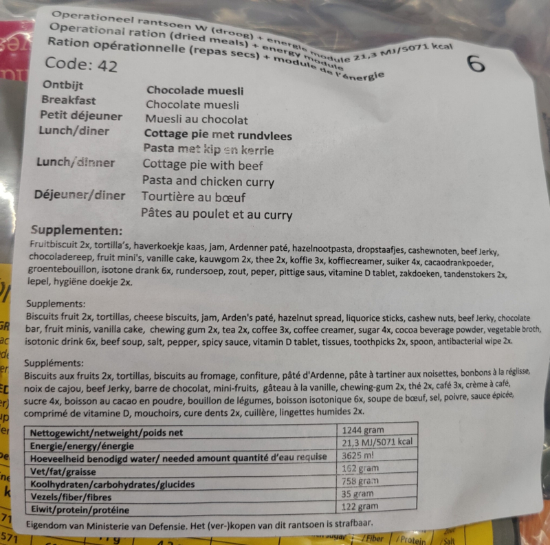 Frans Militair Leger 24-uurs Rantsoen Pack MRE (Menu 1