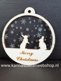 Ornament hout "Merry Christmas " konijntjes