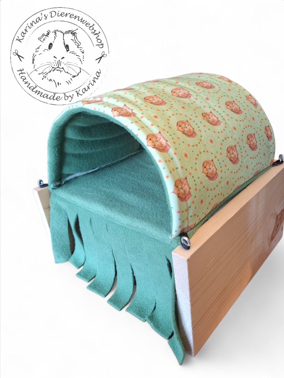 Vrijstaande Hangmat Set staander met schuil hangmat / tunnel  " Cavia Oranje op groen van stof van Roosje Rosalie® 