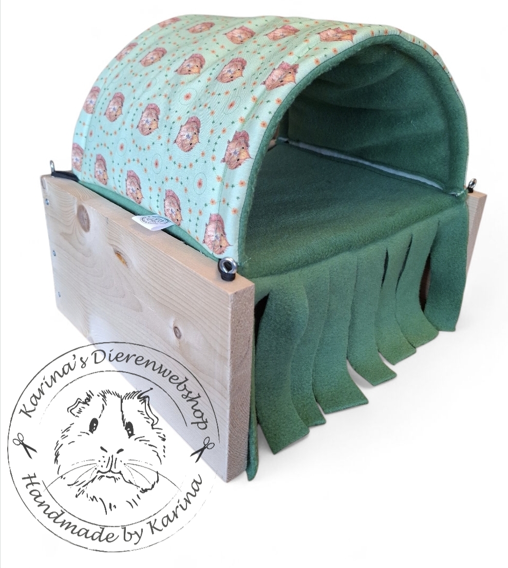 Vrijstaande Hangmat Set staander met schuil hangmat / tunnel  " Cavia Oranje op groen van stof van Roosje Rosalie® 