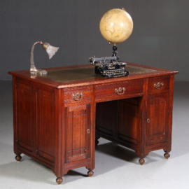 Antiek bureau / Engels Edwardian bureau met groen leer ca. 1900 notenhout (No.721315)