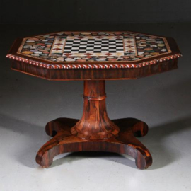 Antieke tafels / schaaktafel / centertable ca. 1840 met pietra dura blad op Palissander voet (No.640857)
