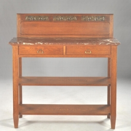 Antieke kast / Frans art deco dessermeubel / sidetable in eikenhout ca. 1900 met rood/bruin marmer (No.501051)