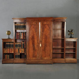Antieke kast / Brede boekenkast deels gesloten Hollands ca. 1850 in mahonie met bleommahonie (No.312222)
