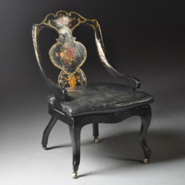 Antieke stoelen / Victoriaanse dames zetel ca. 1855 zwart lakwerk inlegd met parelmoer kussen in leer (No.300756)