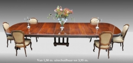 Antieke tafel / Franse notenhouten coulissetafel lengtel ca. 3.95 m. lang met 5 inlegbladen ca. 1880 (No.86544)
