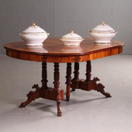 Antieke tafel / Coulissentafel voor 12 personen ovaal ca. 1870 in mahonie tot 3,25 m.  met 4 inlegbladen waarvan 1 in bloemmahonie (No.541751)