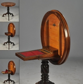 Antieke bijzettafels / Verrassende Engelse tilt top table met fraai klein geheim bureautje en rijk ingelegd blad ca. 1850 (No.640461)