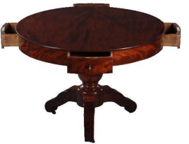 Antieke tafel / Drum table / Ronde mahonie en bloemmahonie tafel met 4 laden ca. 1830 (No.820849)