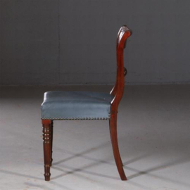 Antieke stoelen / Stel van 8 eetkamerstoelen met blauw leer Engels 1890 mahonie (No.692447)