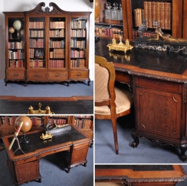 Antieke bureaus / Groot bureau + bijbehorende breakfront boekenkast noten ca.1910 (No.460301)
