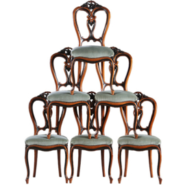 Antieke stoelen / Stel van 6 Willem III Stoelen in noten met zwart incl stof naar wens (No.880245)