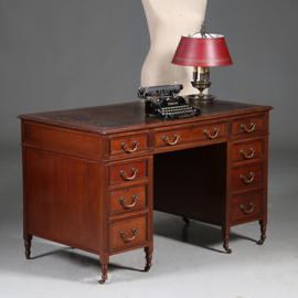 Edwardian bureau op gedraaide pootjes met mooi oud bruin leer ca 1900 (No.960430)