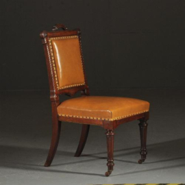 Antieke stoelen / Stel van 8 zware, hoge en brede eetkamerstoelen met bruin leer ca. 1870 (No.290628)